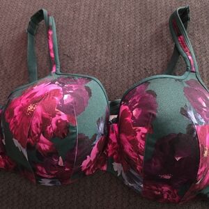 Cacique Dark Green Bra with Magenta Floral Print